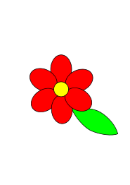 Flower six red petals black outline green leaf with upper and lower text